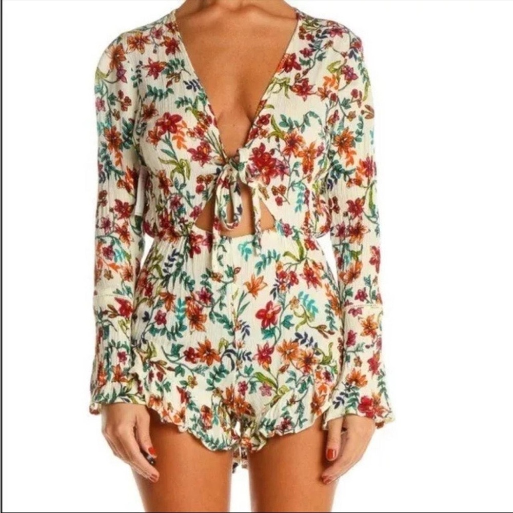 Floral Tie-Front Romper in Cream with Multicolor Blooms